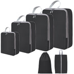 PackMax 6-piece set in black: 4 compression cubes, a drawstring bag and a shoe bag