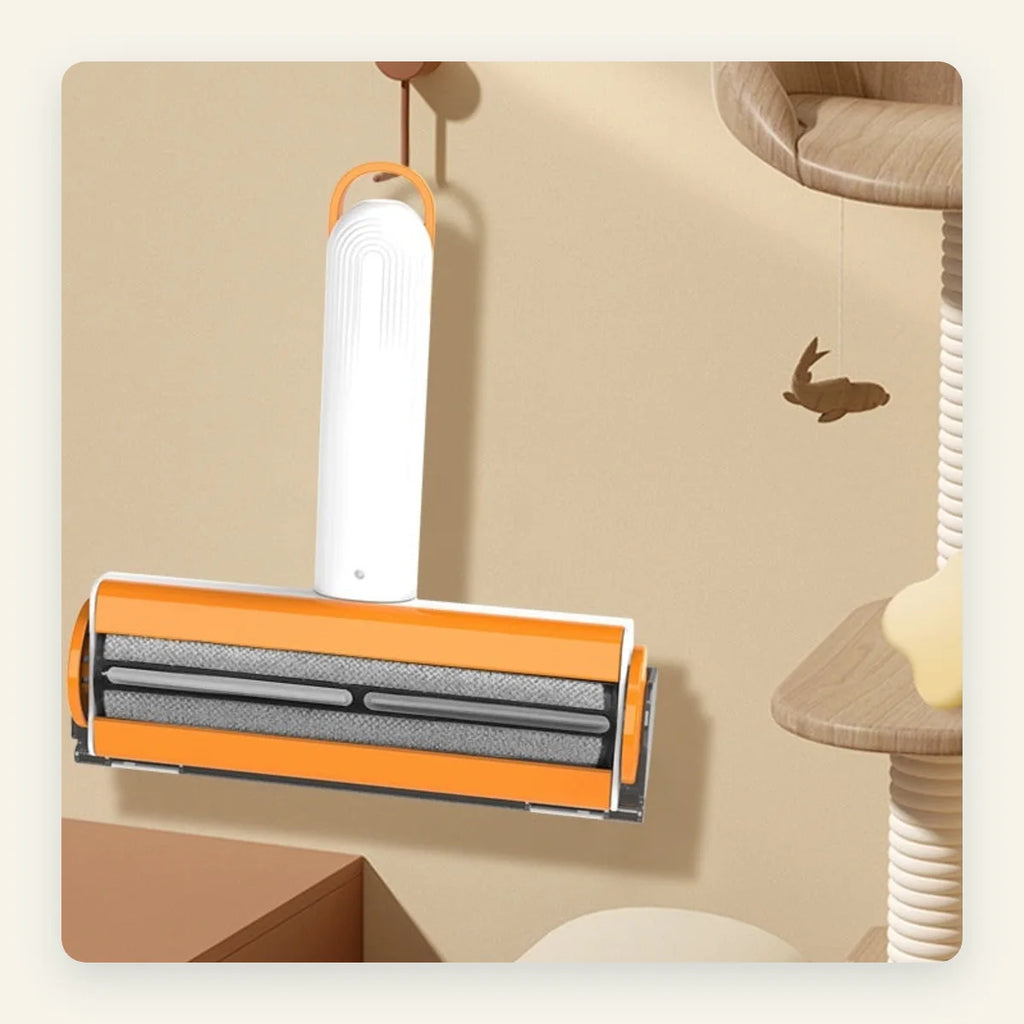 FurFlick pet hair remover hanging from its loop with the brush side facing out