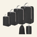 PackMax 6-piece set in black: four compression cubes, a drawstring bag and a shoe bag