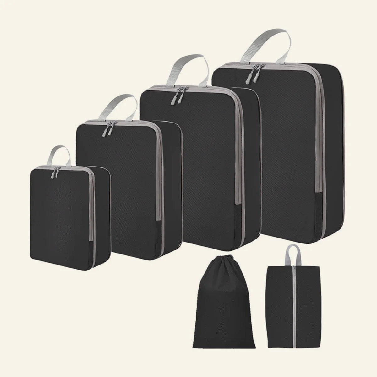 PackMax 6-piece set in black: four compression cubes, a drawstring bag and a shoe bag